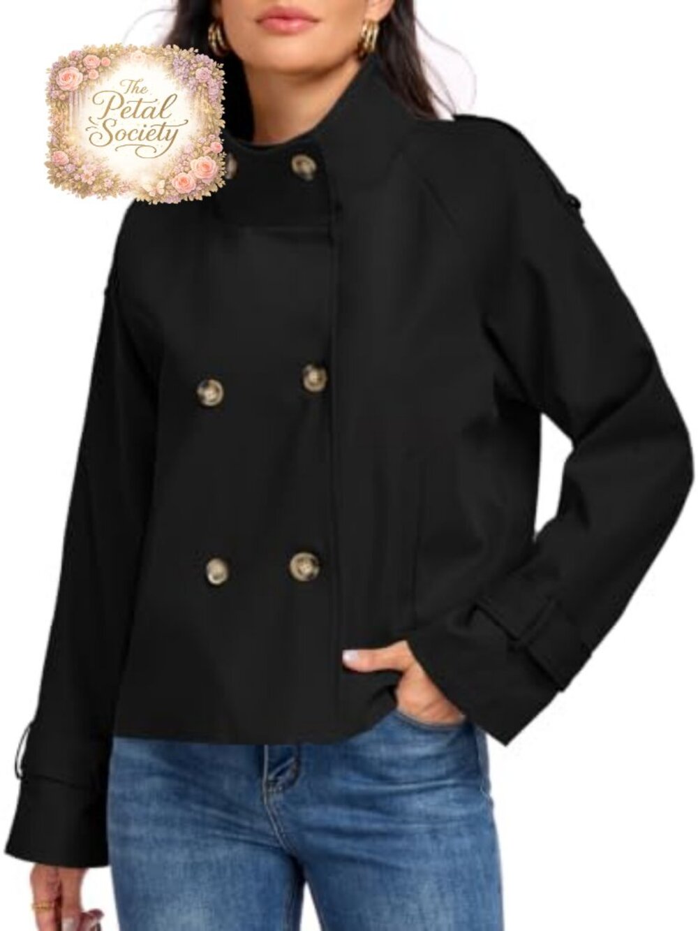 Womens Cropped Trench Coat Funnel Neck Double Breasted Fall Jacket Pockets